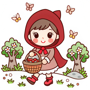Kawaii Design of a very cute Little Red Riding Hood carried a basket of apples and walked along a path of flowers. butterflies flying around and big green trees vector, no
background