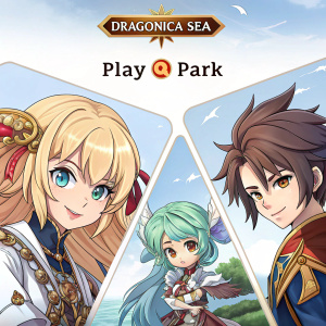 Anime-style characters promoting Dragonica Sea mobile game. Fantasy-themed artwork featuring diverse hairstyles and outfits. Play @ Park logo visible. Inviting players to join and create their own guild.