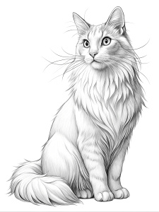  line art, realistic black and white playful Norwegian Forest Cat. Black and White Image, thick lines, well defined lines. Coloring page. No Color, No black Shading. Thick lines. size 8.5x11in. Black and White lines only. Use thick lines. Thick LINES. NO SHADING. Thick outline.