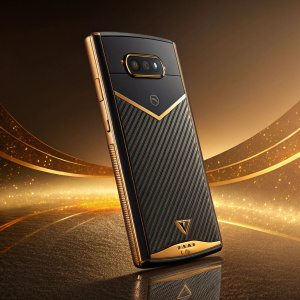 Promotional image showcasing the RAZR2 V8 Luxury Edition smartphone. The device features a dark exterior with gold accents. Set against a backdrop of warm, golden hues and a textured surface. Highlights the premium materials and craftsmanship.