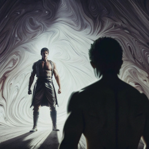 Muscular Eren Yeager from Attack on Titan standing alone in an abstract, dark and swirling, glowing background.