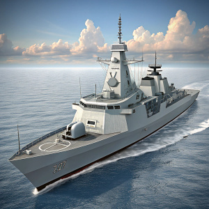 The Amazon Class Type 21 frigate, a state-of-the-art naval vessel designed for the Royal Navy. Equipped with advanced weaponry and sophisticated systems, it stands ready for maritime operations.