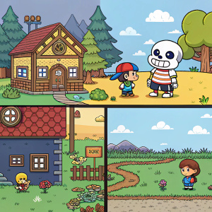 Screen captures from the animated series 'Undertale', showcasing diverse scenes with colorful pixel art, including character dialogues, level designs, and dynamic environments.