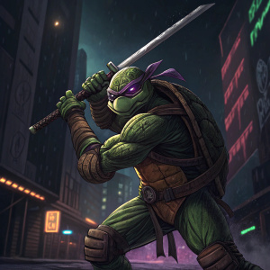 Donatello, Teenage Mutant Ninja Turtle, wielding a katana in a fierce pose. Green and brown skin, adorned with intricate belts and straps. Set against a dark cityscape at night, surrounded by neon lights and graffiti.
