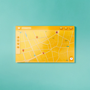 Website layout for Tektra Indonesia featuring interactive map of Kontak Kami. Detailed view of shops, cafes, and other local businesses highlighted in vibrant colors.
