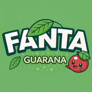 Logo design for Fanta Guarana. Bright green background with 'Fanta' in bold, playful font. Green leaf and tiny red mascot with simple shapes and limited color palette.