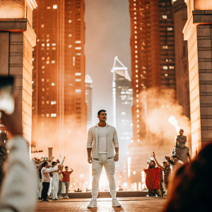 Cristiano Ronaldo standing in a bustling urban square, posing for photos with a backdrop of towering skyscrapers and vibrant city lights.