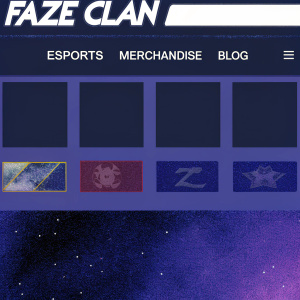 Homepage of FaZe Clan's website featuring the brand logo prominently. Navigation menu with categories like esports, merchandise, and blog. Grid layout with video thumbnails and product images. Search bar available.