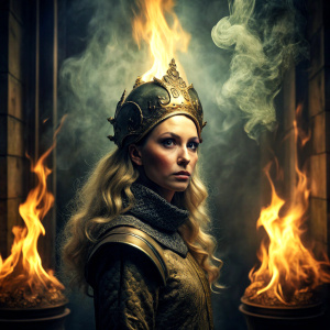 cinematic shot, dark dungeon with contour lighting, queen,  golden 
helmet , smoke and fire around, renaissance style