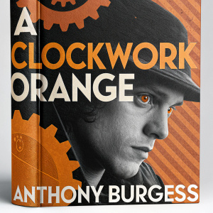 Modern book cover for 'A Clockwork Orange' by Anthony Burgess. Dominant orange and black hues. Artistic design featuring large title in stylized font, face image integrated.
