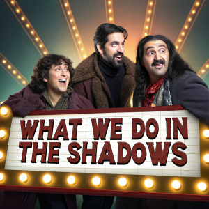Poster for 'What We Do in the Shadows'. Brightly lit background. Characters in various poses. Film details in bold text below.