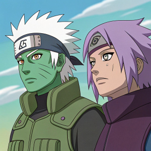 Digital art featuring Fukasaku and Shima from Naruto. Fukasaku, left, with green skin, white eyebrows, and serious face. Shima, right, with green and purple hues, determined look, and purple hair. Cartoonish style.