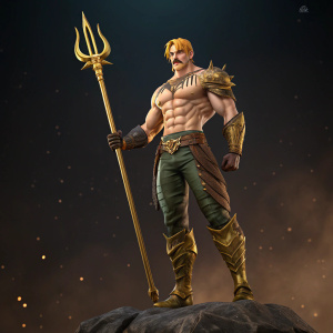 A detailed 3D render of Escanor from the Seven Deadly Sins. Standing tall with a fierce expression, holding a golden trident. Dark background with a subtle glow.