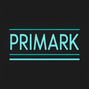 Modern logo design featuring 'Primark' in bold sans-serif font, teal color, centered on sleek black background.