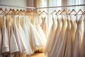 Elegant wedding dresses hanging on hangers in shop. Bridal dress in wedding boutique salon