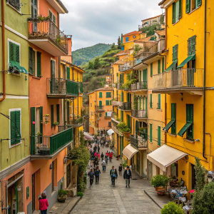 A bustling scene in a small Italian village. Vibrant buildings painted in shades of yellow, green, and orange line the narrow, winding cobblestone streets of Manarola. Crowds of tourists and locals alike stroll through the picturesque setting.