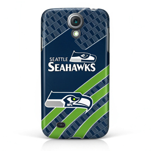 Close-up image of a Samsung Galaxy S4 phone case featuring the Seattle Seahawks branding. The case is navy blue with a repeating pattern of green and gray, prominently displaying the Seahawks logo and NFL insignia.