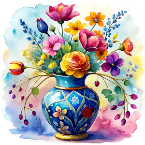 a WATERCOLOR IMAGE , Antique Bohemian Enamel space  Blue  Vase classic, shape and a painted lotus vine pattern. Ceramic vase , THERE ARE IN THE VASE : watercolor  yellow  WILD FLOWERS ,GREEN pink WEEDS ,burgundy PEONIE,range  Bougainvillea, PURPLE dandelion ,yellow  geranium,TOFFEE Narcissus, ochre crocusES ,dusky pink daffodil ,orange roses ,amaranth Damarion s, red tulips , orfreesia ,sienna orange lavender Common Crape Myrtle ,Watsonia ,tritoma.carmine Chandramallika, mburgundy VIOLETS 