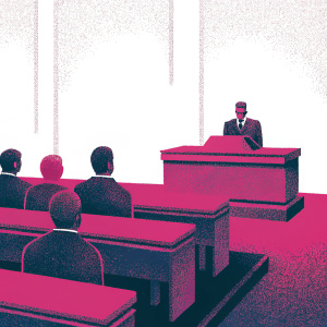 Henry Ramos Allup addressing a solemn assembly. Men in suits. Inside a dimly lit conference room.