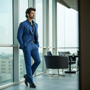 Hrithik Roshan, an Indian actor, dressed in a blue suit. Stands alone in a modern office space, posing for a promotional shoot.