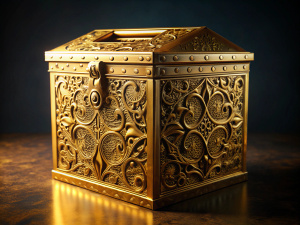 golden ballot box with ornamental designs at eye level with a dark background