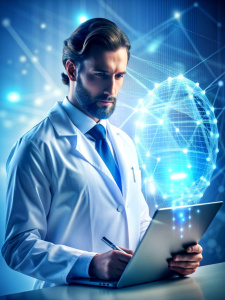  Medical technology, innovation health and medical research, healthcare and medicine concept. Doctor or technician working with AI data analysis, lab experiment, data science