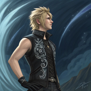 Digital painting of Prompto Argentum from Final Fantasy XV, standing confidently. He wears a black vest with intricate designs. The background is an abstract swirl of dark blue hues. Artist's signature visible.