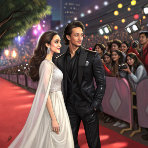 Shraddha Kapoor and Tiger Shroff at the Baaghi 3 premiere. She's in a flowing white dress. He's in a black suit. Crowded red carpet.