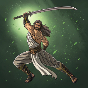 Arslan, a fierce and powerful character from Hyper Universe. Muscular build, holding a large curved sword above his head. Dark green background with glowing texture. Illustration is detailed and stylized. Character is mid-air, in a dynamic pose.