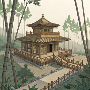 Digital illustration by Kamilla Usmanova. A low-poly, 3DS max rendered artwork showcasing a traditional bamboo building set amidst a forest. The structure features intricate wooden walkways. The artwork captures East Asian architecture with a muted, earthy color palette of brown, beige and green.