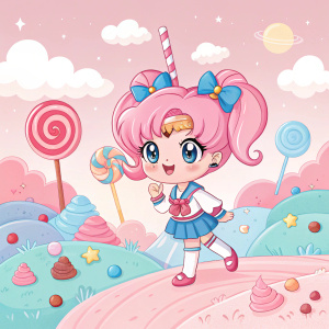 Chibi version of Sailor Moon. Pink hair with blue streaks. Posing in a candy land setting, pastel colors, digital art