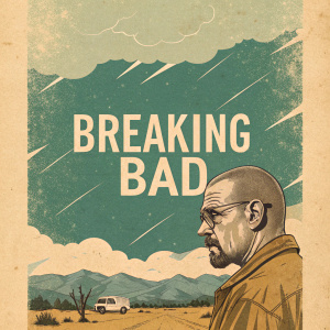 Vintage Breaking Bad movie poster. Earthy tones, clear text 'Breaking Bad'. Textured, aged appearance.