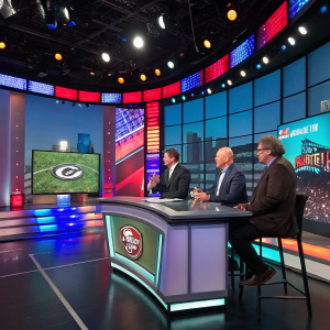 Mike Tirico, Trent Dilfer, Steve Young, and Ron Jaworski in a vibrant studio setting, hosting the pre-game show for the Super Bowl.
