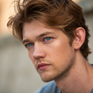 Joe Alwyn, handsome close-up portrait. Blue eyes and messy brown hair. Soft lighting