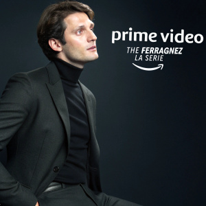 Filippo Fiora, a Caucasian male, in a serious pose. Wearing a black turtleneck and tailored suit. Dark, sleek background with repeating 'Prime Video' and 'The Ferragnez La Serie' logos. Modern graphic design style.