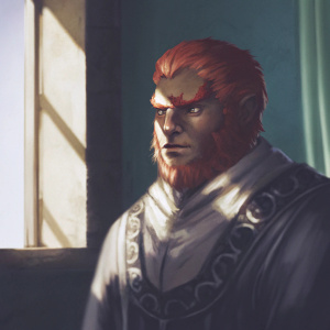 Digital illustration of Ganondorf Gragmire, with a fierce expression. The artwork features vibrant red and green hues, set against a serene teal backdrop. Loose brush strokes add dynamism to the piece. The focus is on his face and upper torso.