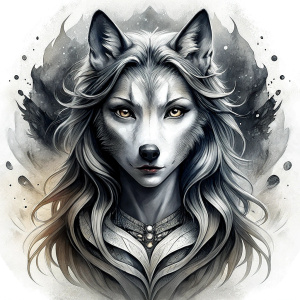 Nordic Godness Ylva She-Wolf - perfect realistic art, high-definition grey and black, white background tattoo design