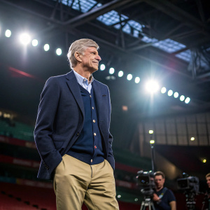 Arsene Wenger, former Arsenal FC manager, wearing a navy blazer and khaki pants, during a press conference. Bright lights and cameras in the background.