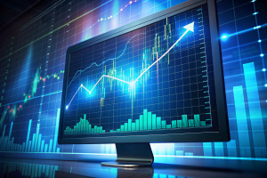 Digital display, options chart, stock market glowing on a dark background. Growth graph.