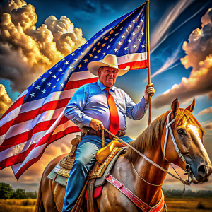 Donald Trump as a cowboy riding a horse with a western saddle holding the two reins and an american flag with one hand while riding rodeo style, make flag realistic with the correct traditional stars