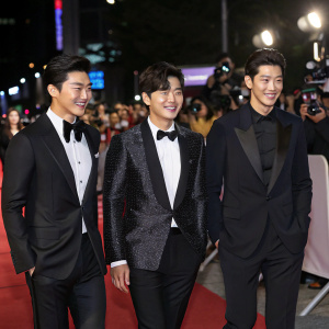 South Korean actors Kang Ha-Neul, Lee Junho, and Kim Woo-Bin attending a glamorous Hollywood premiere. Red carpet, flashing cameras.