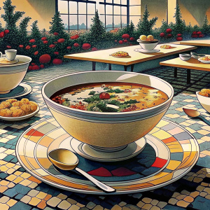 hodgepodge soup in a bowl worth on a cafeteria table, tablespoon on a plate