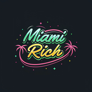 Modern graffiti-style logo for Miami Rich. Vibrant colors like green, pink, pastel, and bold tones on a sleek black background. Swirling lines and edgy design