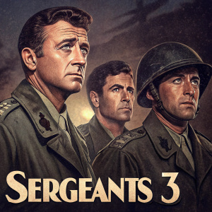 Vintage movie poster for 'Sergeants 3'. Frank Sinatra, Dean Martin, Peter Lawford, Sammy Davis Jr., and Joey Bishop in uniform. Dark and gritty setting.