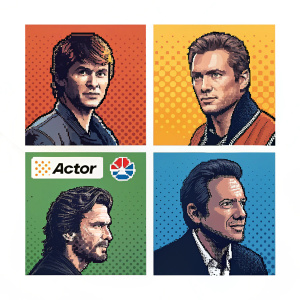 Stylized pixel art profile of actors. Square grid composition. Logo overlays for media brands