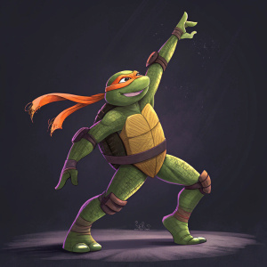 Stylized digital art of Donatello, Teenage Mutant Ninja Turtle, performing an energetic dance move. Dark background, vibrant color highlights, focus on character form