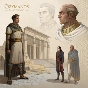 Concept art illustration of Ozymandias. Various character designs. Ancient-inspired textured background.