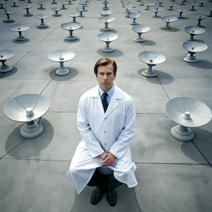 Clean-shaven man in white lab coat sitting on gray concrete floor surrounded by satellite transmission antennas arranged in rows, man looks up at camera, fisheye lens