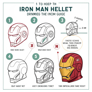 Step-by-step guide to drawing the intricate Iron Man helmet. Simple flat design, using basic shapes and lines.