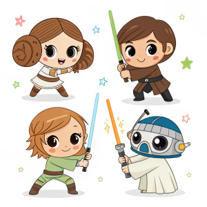 Digital art showcasing Star Wars characters in cute chibi style. Various poses, some with weapons, set against a plain white backdrop. Grid formation.